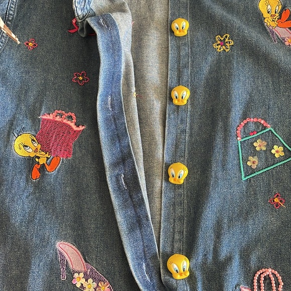 Vintage Tweety Bird Looney Tunes Cartoon Embroidered Denim Shirt Size S - Picture 7 of 11